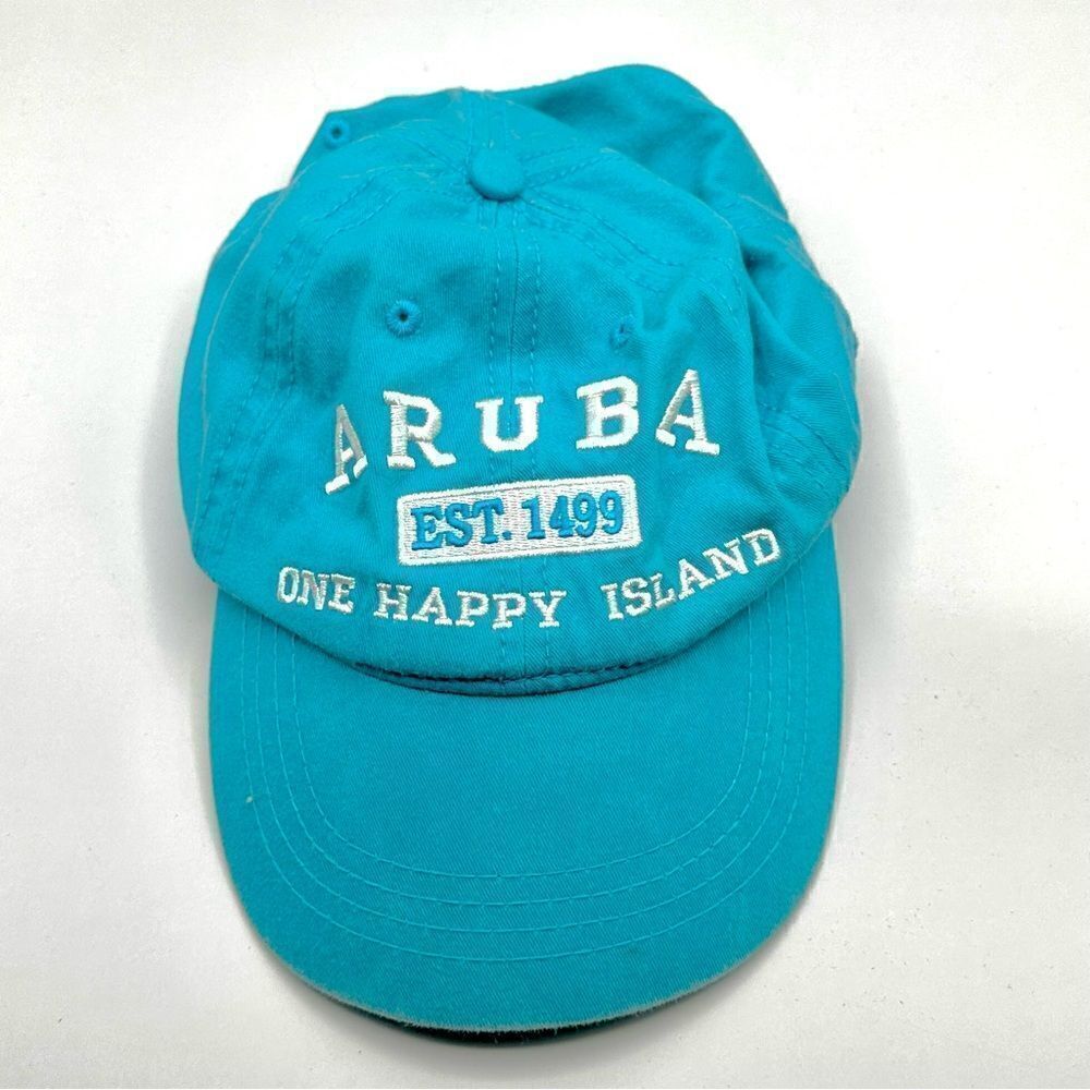 ARUBA One Happy Island Azure & White Tropical Baseball Hat Adjustable Cotton